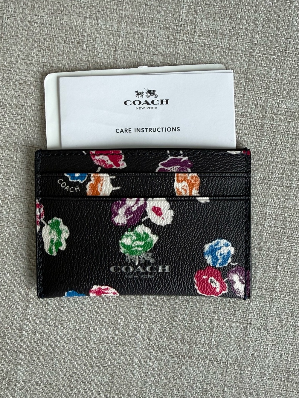 Coach Black Floral Leather Card Holder with Multicolor Blooms